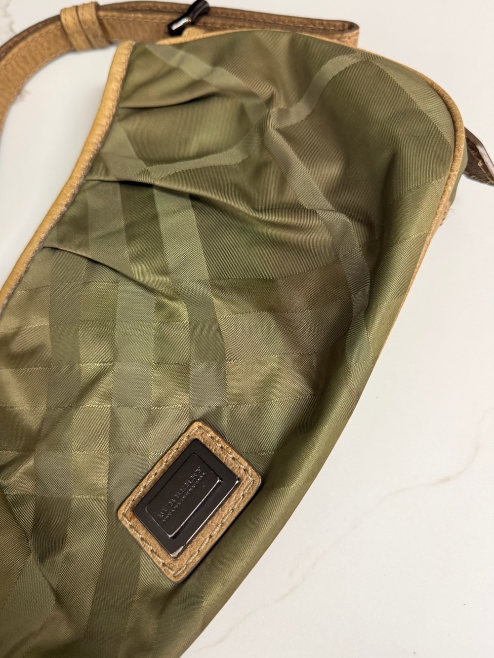 Burberry Shoulder Bag Olive Green Nylon Hobo Tote with Leather Trim - Picture 14 of 17